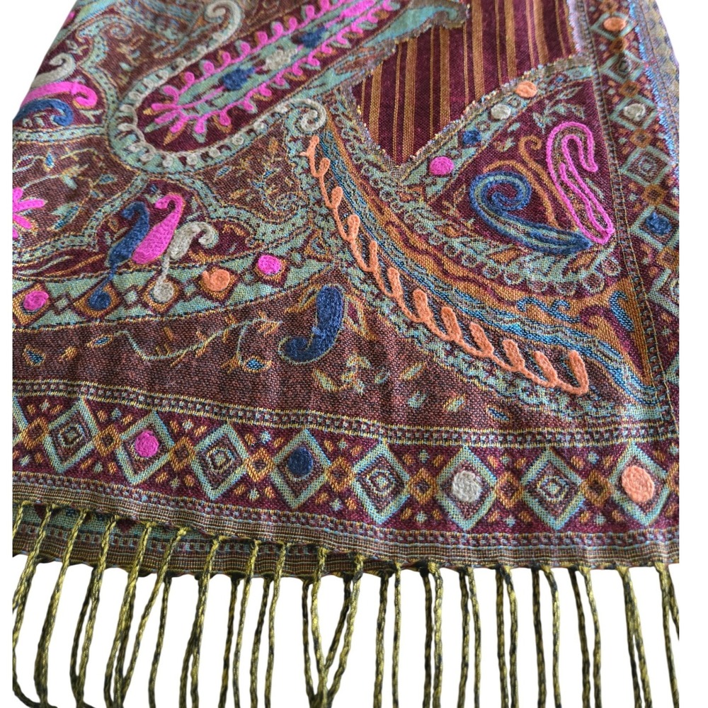 Raj Womens Paisley Embroidered Pashmina Shawl Wrap Burgundy Teal Bohemian 26x80